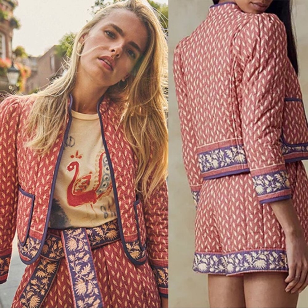 NEW Hunter Bell Puff Sleeves Open Front Wessex Cropped Jacket Patina Border